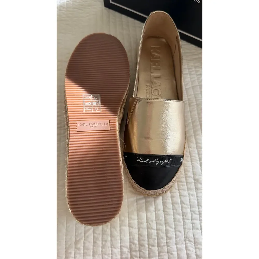 Karl Lagerfeld Paris Gold Metallic Espadrille Flats Size 6 New in Box. $109
